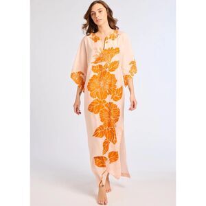 MILLE Zandra Caftan Hanalei Print Peach Orange Floral Cotton Silk One Size